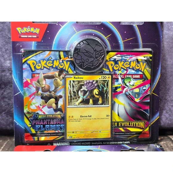 Pokemon TCG Raikou Blister Pack 2-Pack Set Phantasma Flames Mega Evolution Coin - Picture 2 of 7
